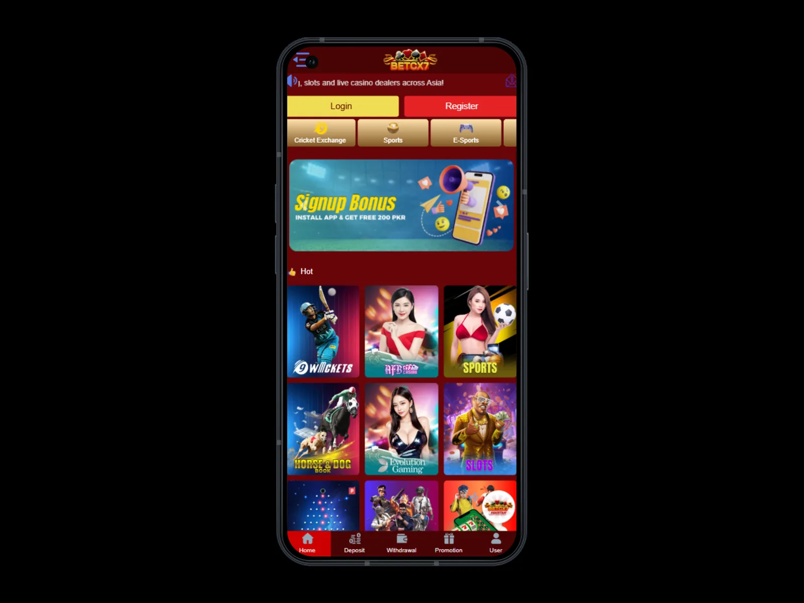 BetCX7 app mobile interface