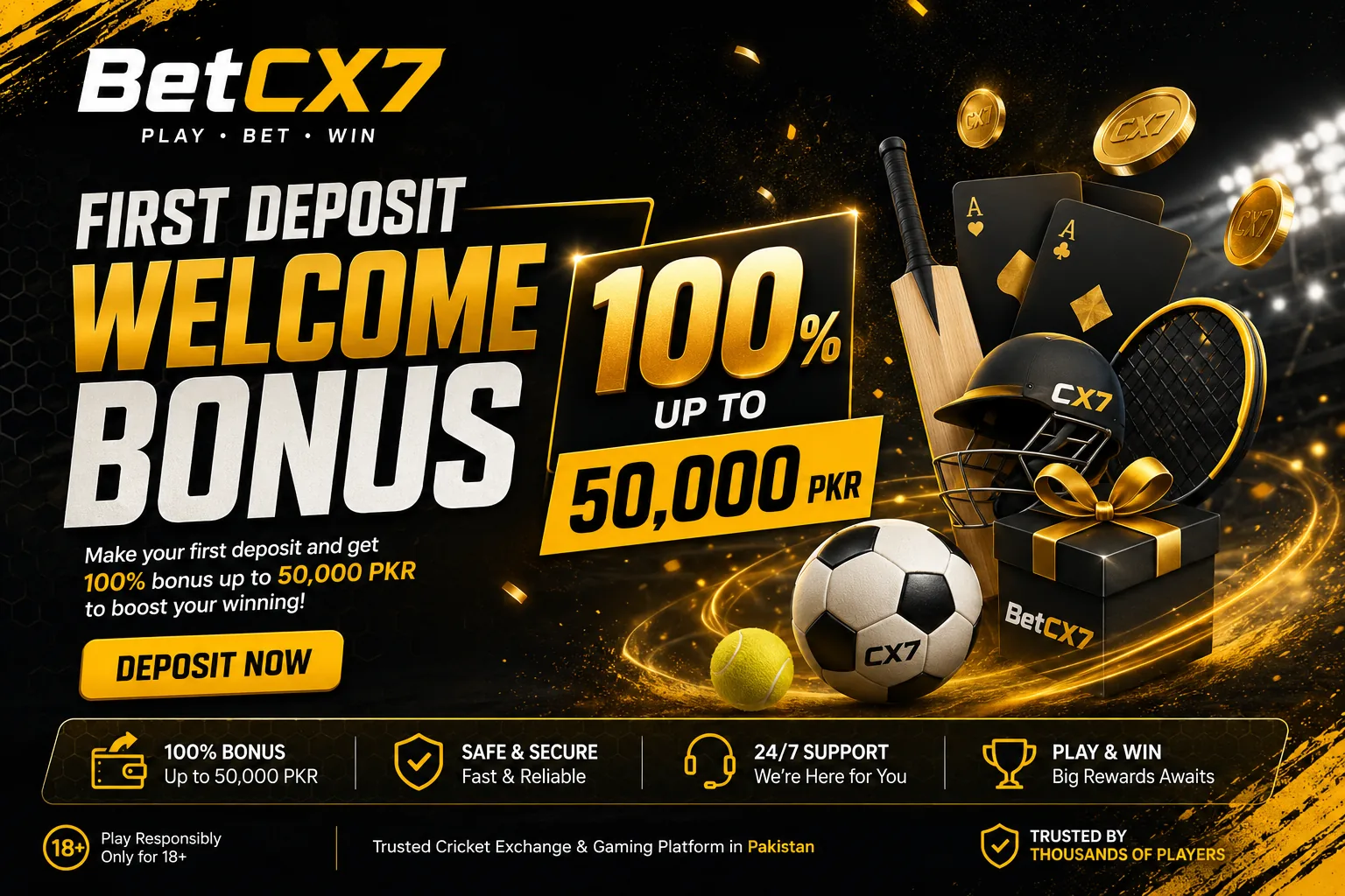 BetCX7 100 percent welcome bonus up to 50000 PKR